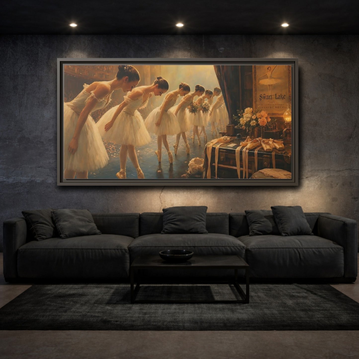 Mockup 3. Ballerinas' Curtain Call shown as framed canvas print