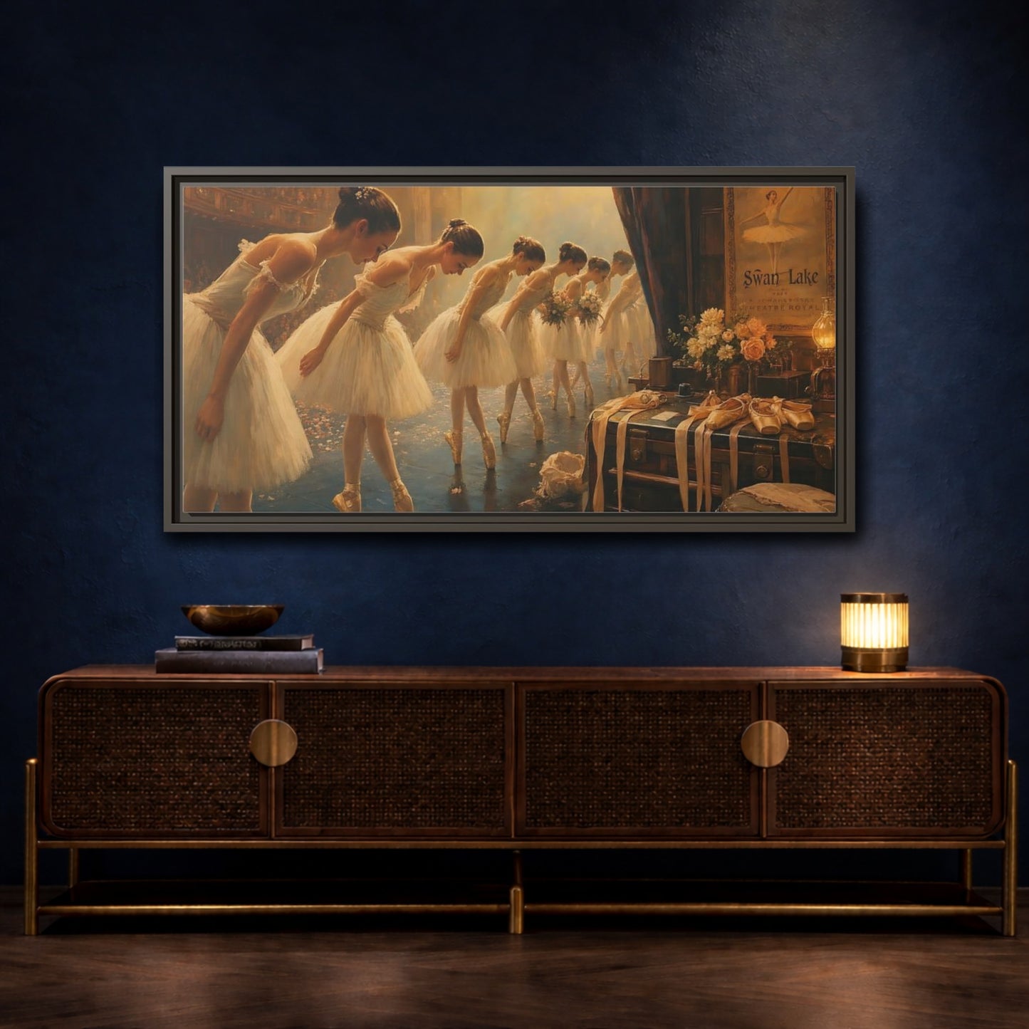 Mockup 4. Ballerinas' Curtain Call shown as framed canvas print