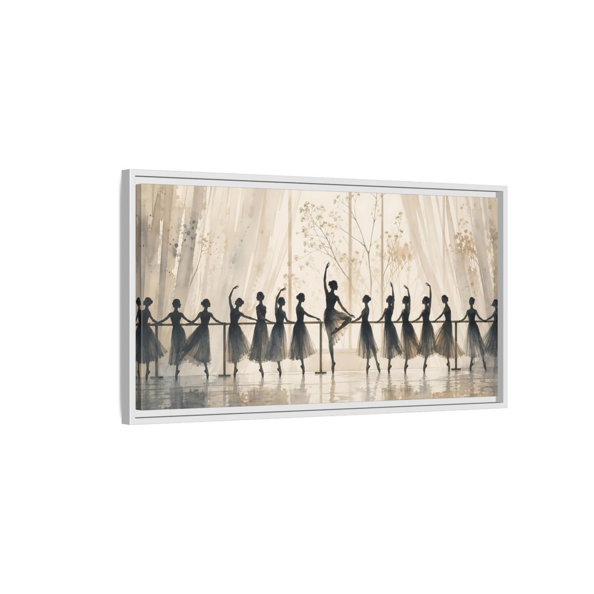 Side Mockup 1. Ballet Barre Rehearsal shown as framed canvas print