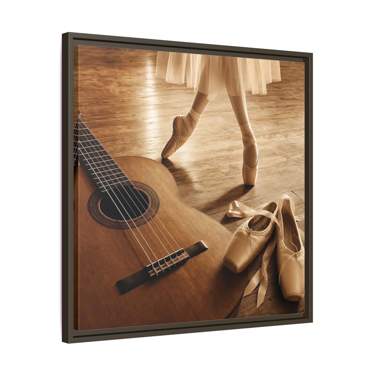 Side Mockup 27. Ballet Shoes And Guitar shown as framed canvas print