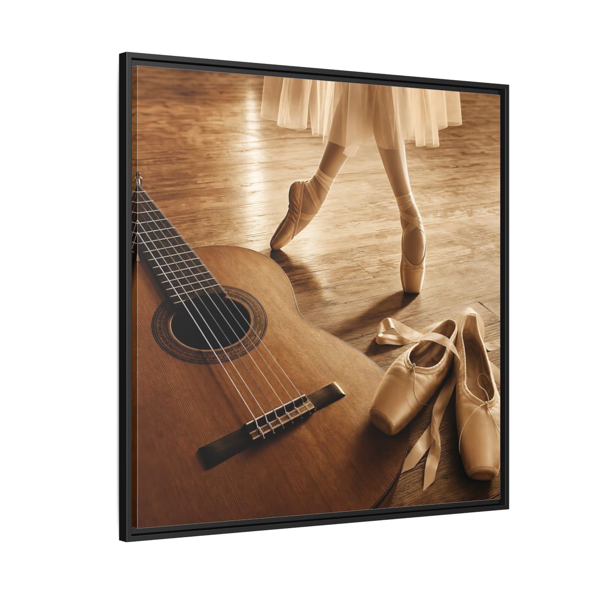 Side Mockup 6. Ballet Shoes And Guitar shown as framed canvas print