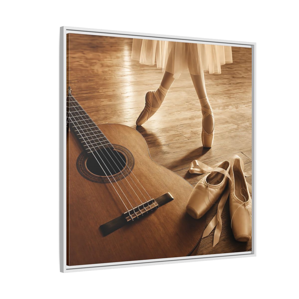 Side Mockup 4. Ballet Shoes And Guitar shown as framed canvas print