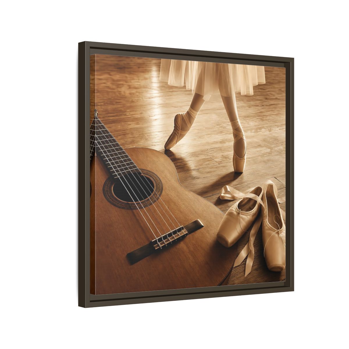 Side Mockup 11. Ballet Shoes And Guitar shown as framed canvas print