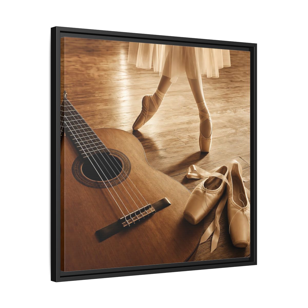 Side Mockup 31. Ballet Shoes And Guitar shown as framed canvas print