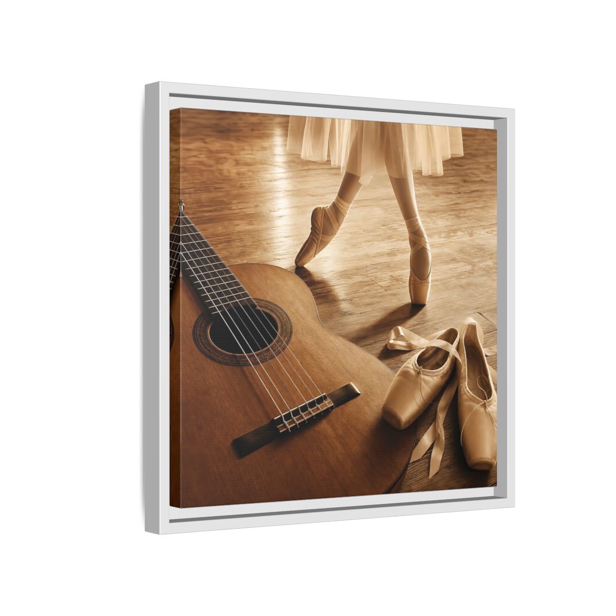 Side Mockup 13. Ballet Shoes And Guitar shown as framed canvas print