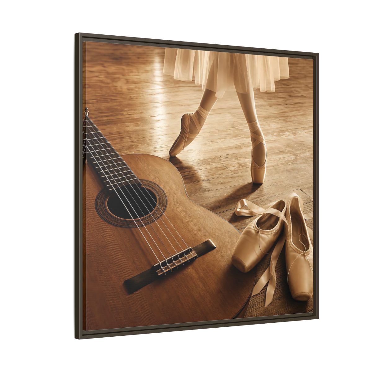 Side Mockup 5. Ballet Shoes And Guitar shown as framed canvas print