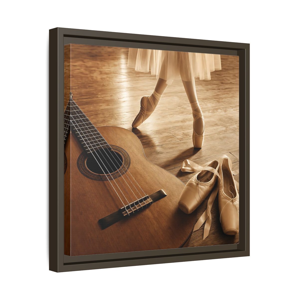 Side Mockup 29. Ballet Shoes And Guitar shown as framed canvas print