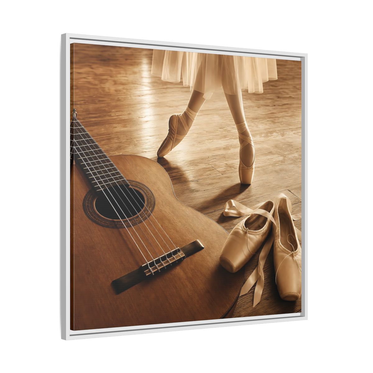 Side Mockup 25. Ballet Shoes And Guitar shown as framed canvas print