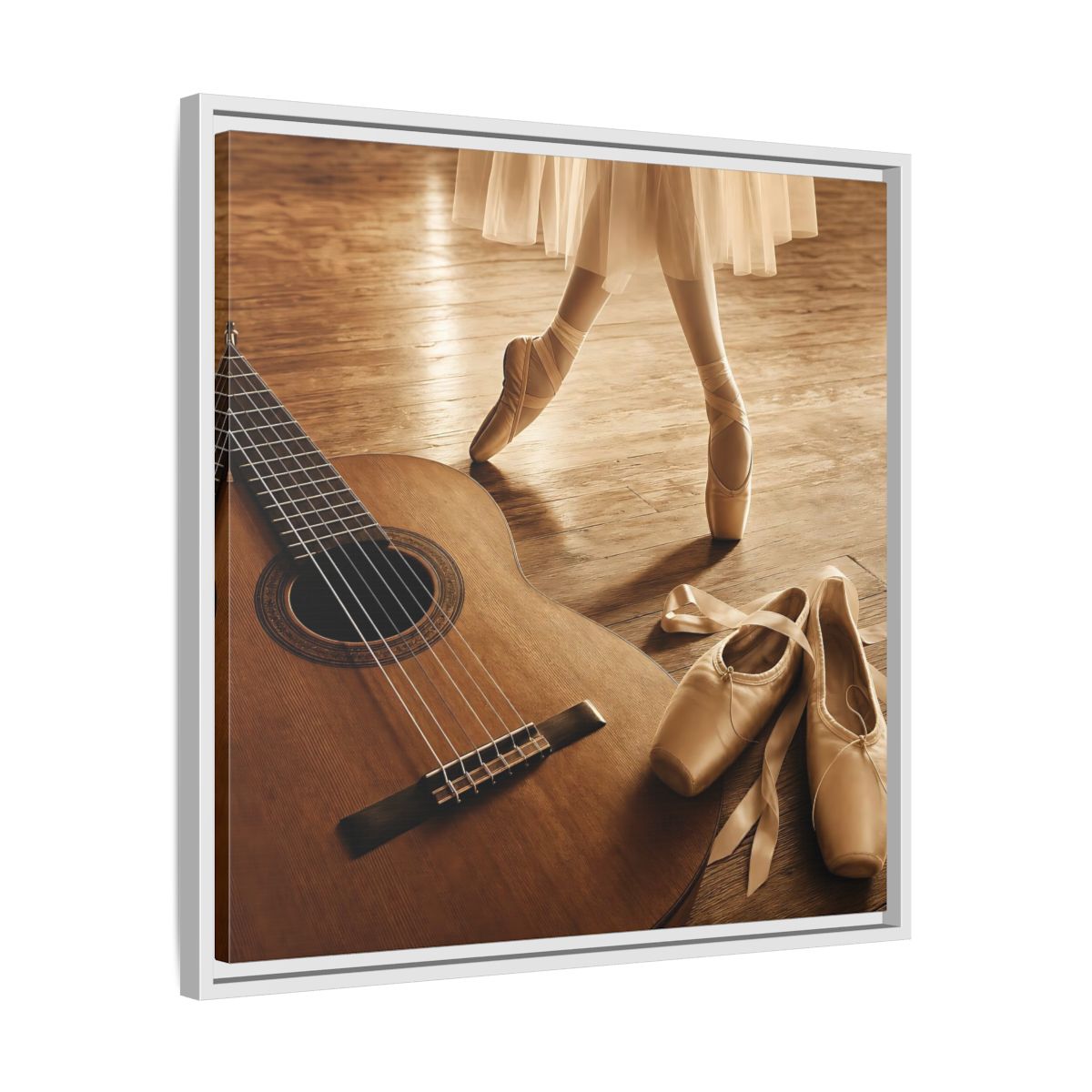 Side Mockup 26. Ballet Shoes And Guitar shown as framed canvas print