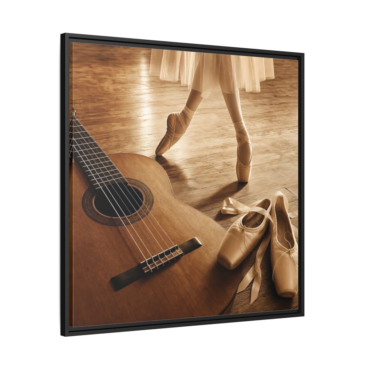 Side Mockup 30. Ballet Shoes And Guitar shown as framed canvas print