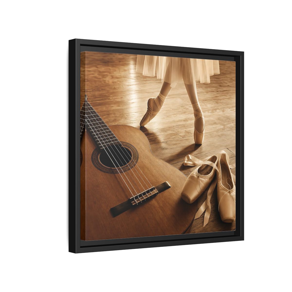 Side Mockup 15. Ballet Shoes And Guitar shown as framed canvas print