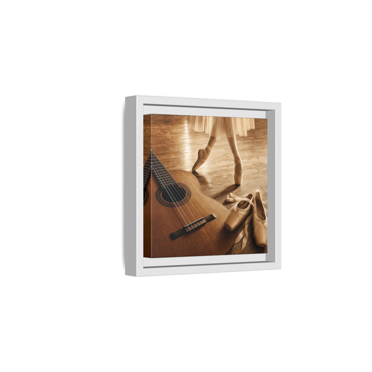 Side Mockup 1. Ballet Shoes And Guitar shown as framed canvas print