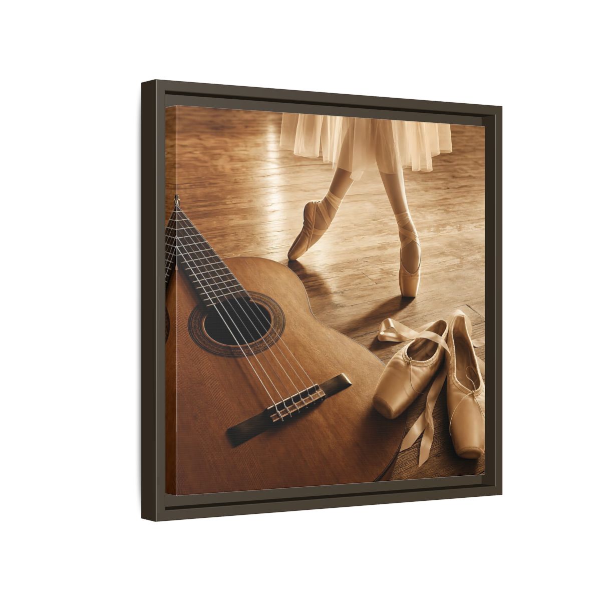 Side Mockup 14. Ballet Shoes And Guitar shown as framed canvas print