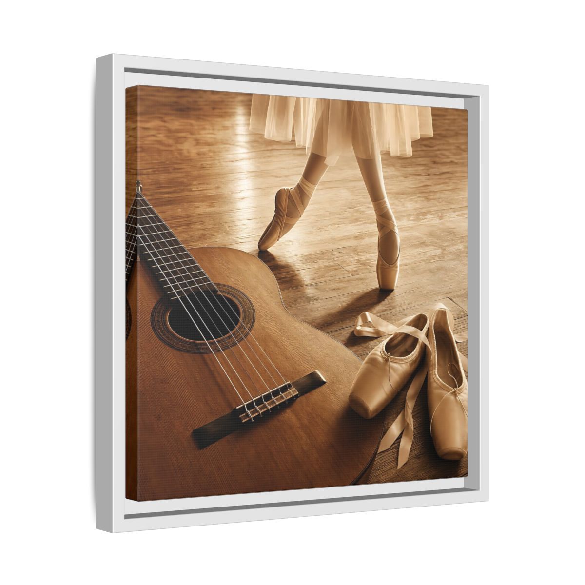 Side Mockup 28. Ballet Shoes And Guitar shown as framed canvas print