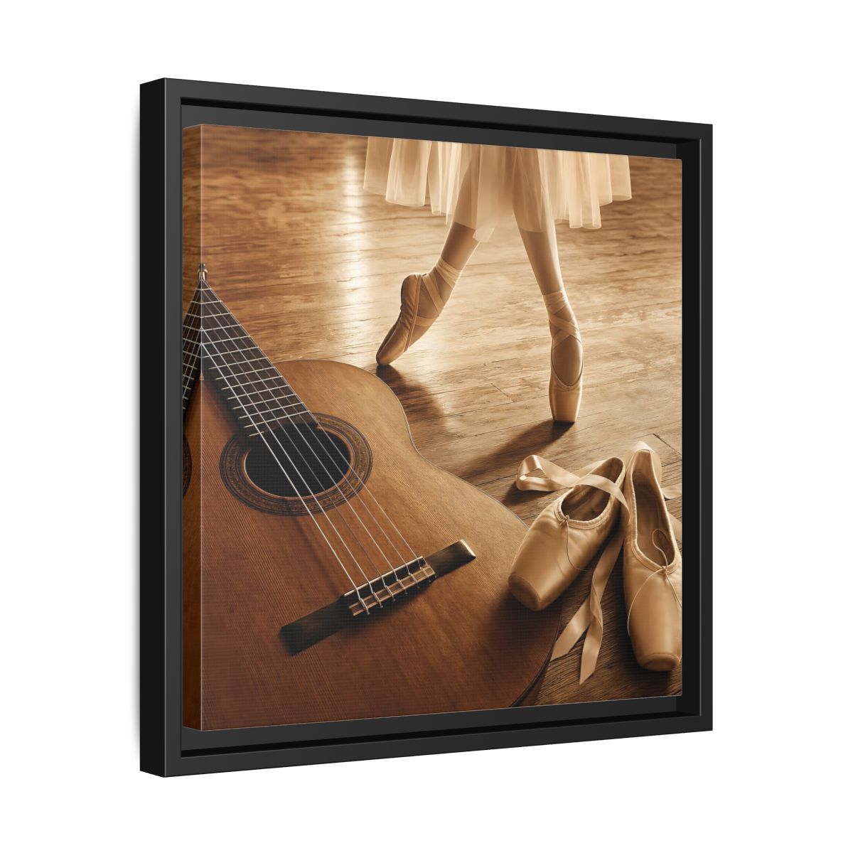 Side Mockup 32. Ballet Shoes And Guitar shown as framed canvas print