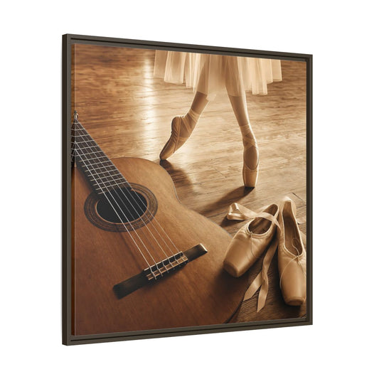 Main Mockup. Ballet Shoes And Guitar shown as framed canvas print