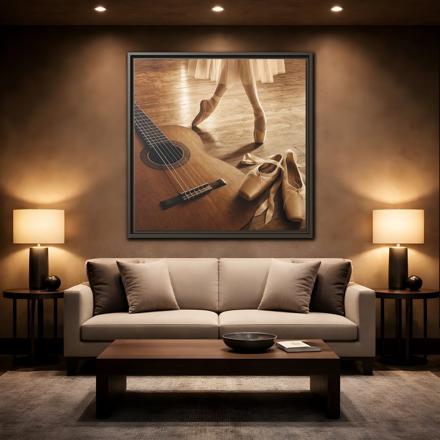 Mockup 2. Ballet Shoes And Guitar shown as framed canvas print
