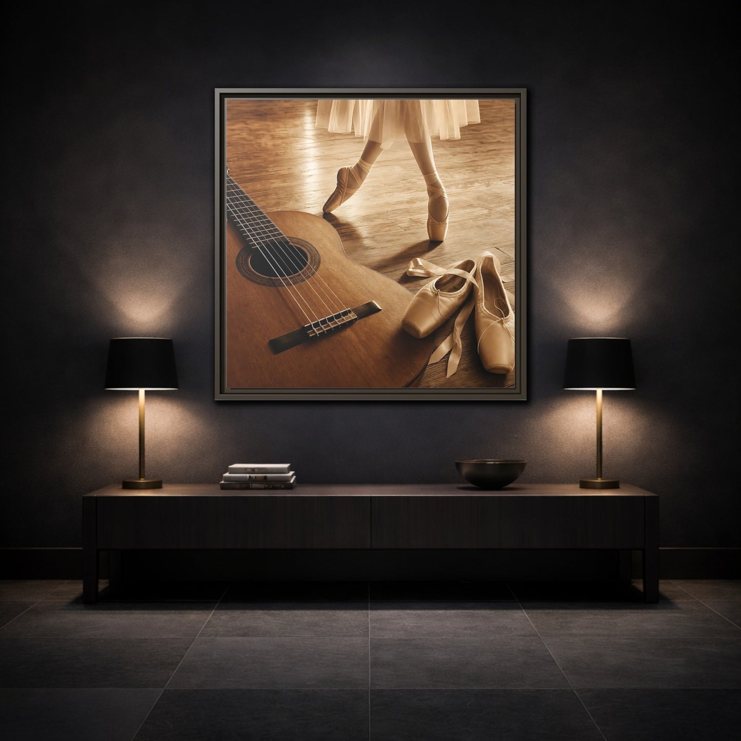 Mockup 3. Ballet Shoes And Guitar shown as framed canvas print