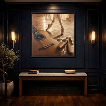 Mockup 4. Ballet Shoes And Guitar shown as framed canvas print