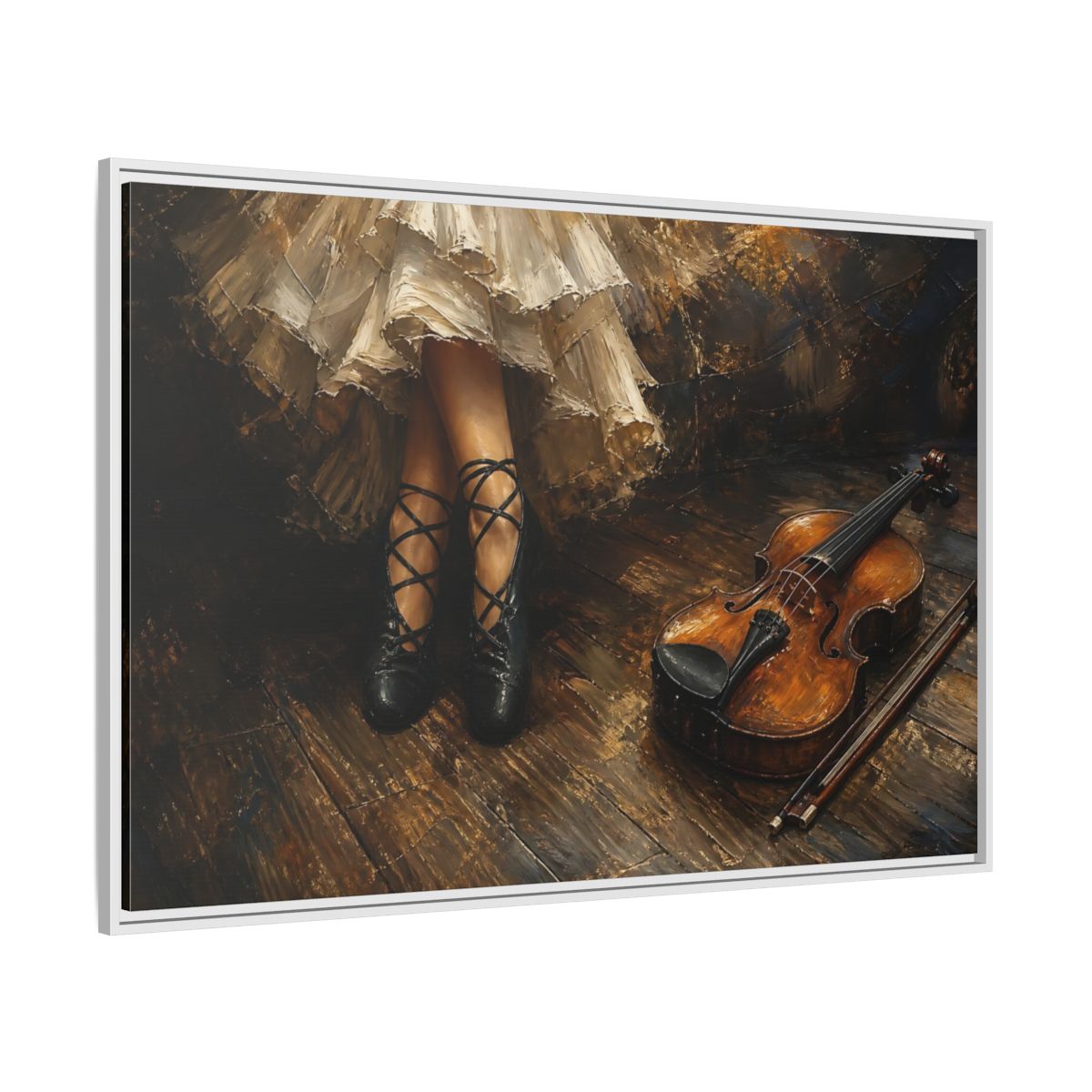 Side Mockup 7. Ballet Shoes And Violin shown as framed canvas print