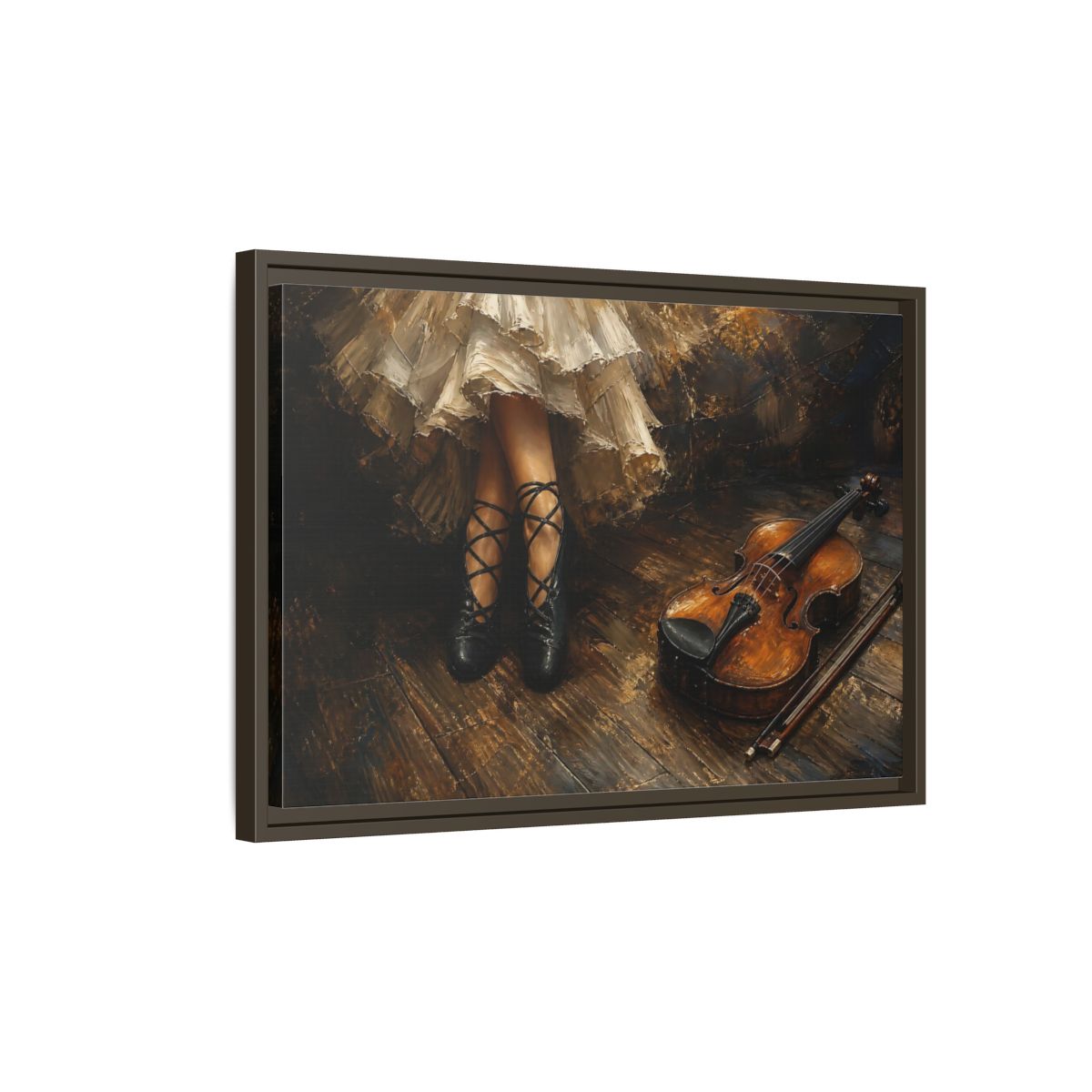 Side Mockup 2. Ballet Shoes And Violin shown as framed canvas print