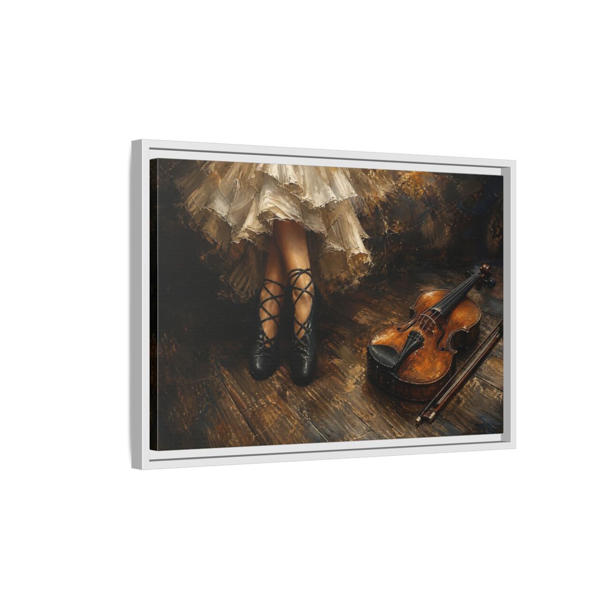 Side Mockup 1. Ballet Shoes And Violin shown as framed canvas print