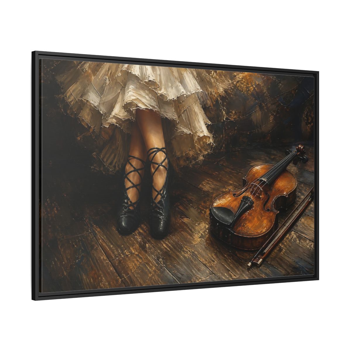 Side Mockup 12. Ballet Shoes And Violin shown as framed canvas print