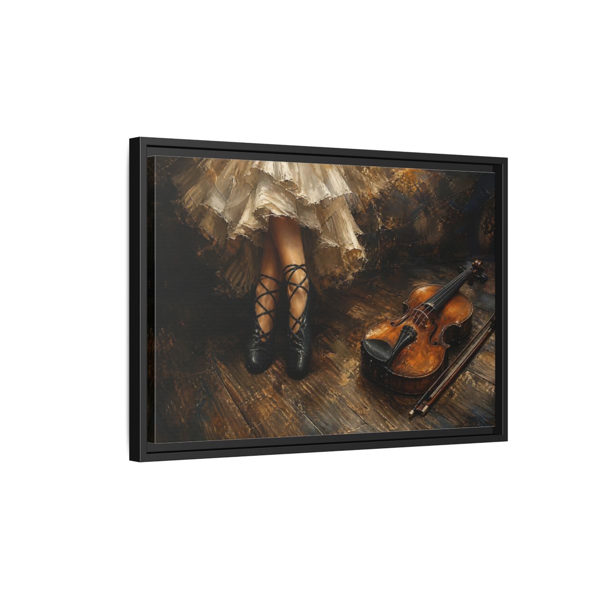 Side Mockup 3. Ballet Shoes And Violin shown as framed canvas print