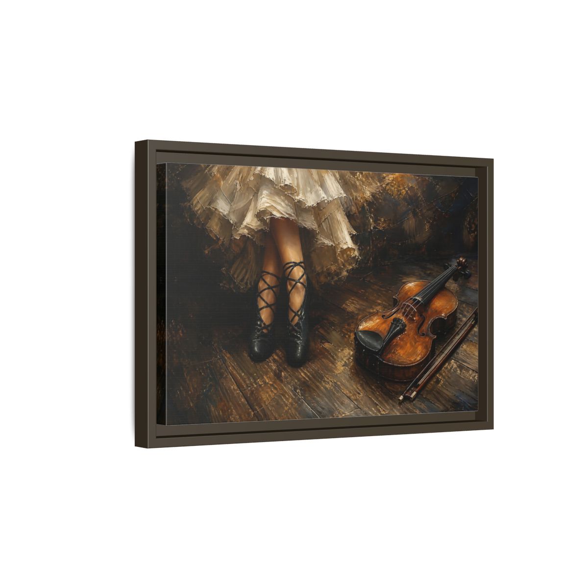 Side Mockup 5. Ballet Shoes And Violin shown as framed canvas print