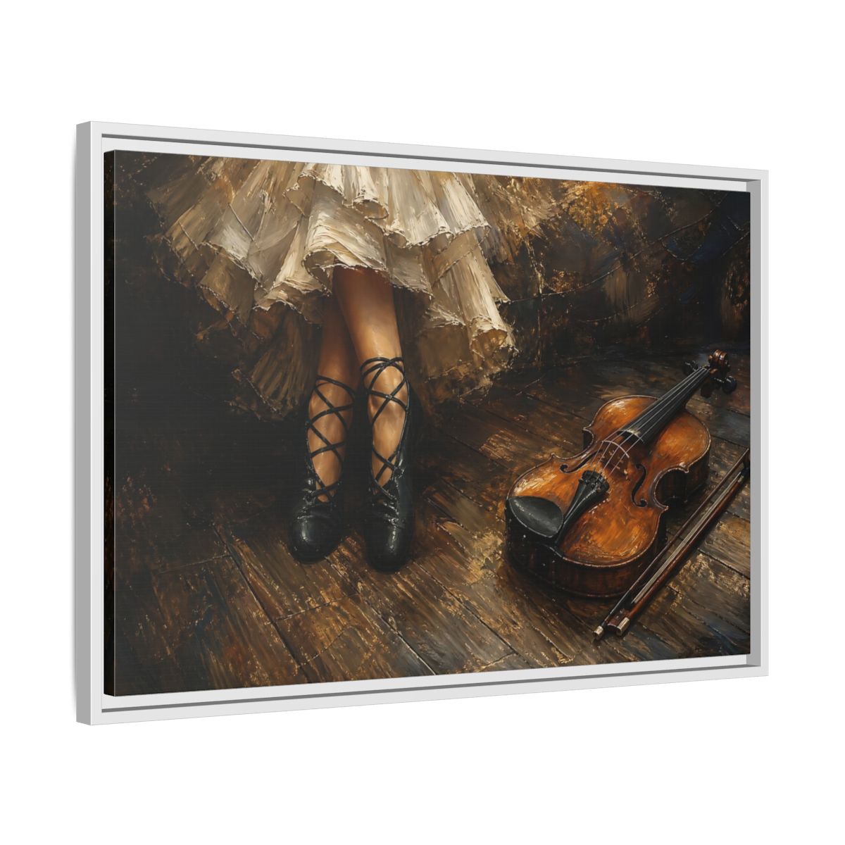 Side Mockup 10. Ballet Shoes And Violin shown as framed canvas print