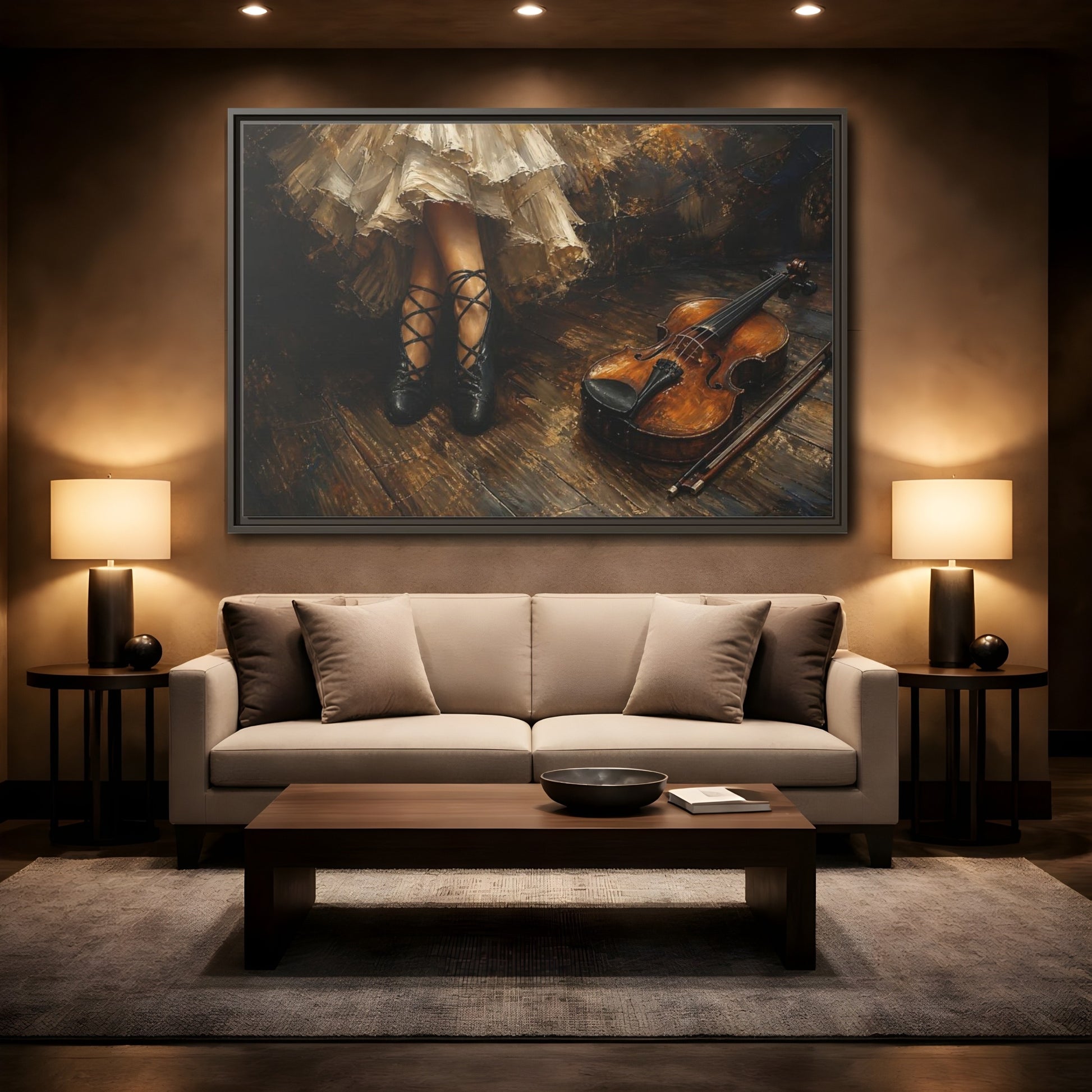 Mockup 2. Ballet Shoes And Violin shown as framed canvas print
