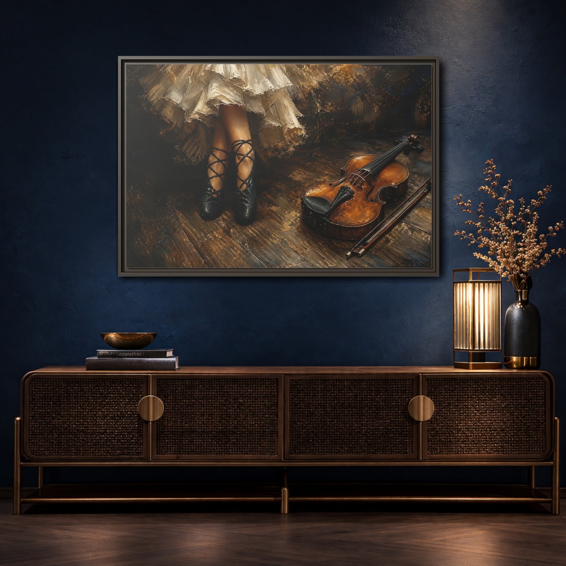 Mockup 4. Ballet Shoes And Violin shown as framed canvas print