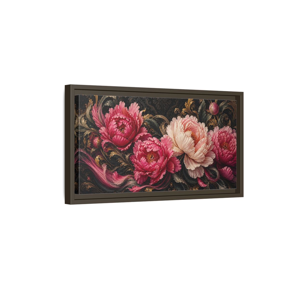 Side Mockup 7. Baroque Peony Bouquet shown as framed canvas print