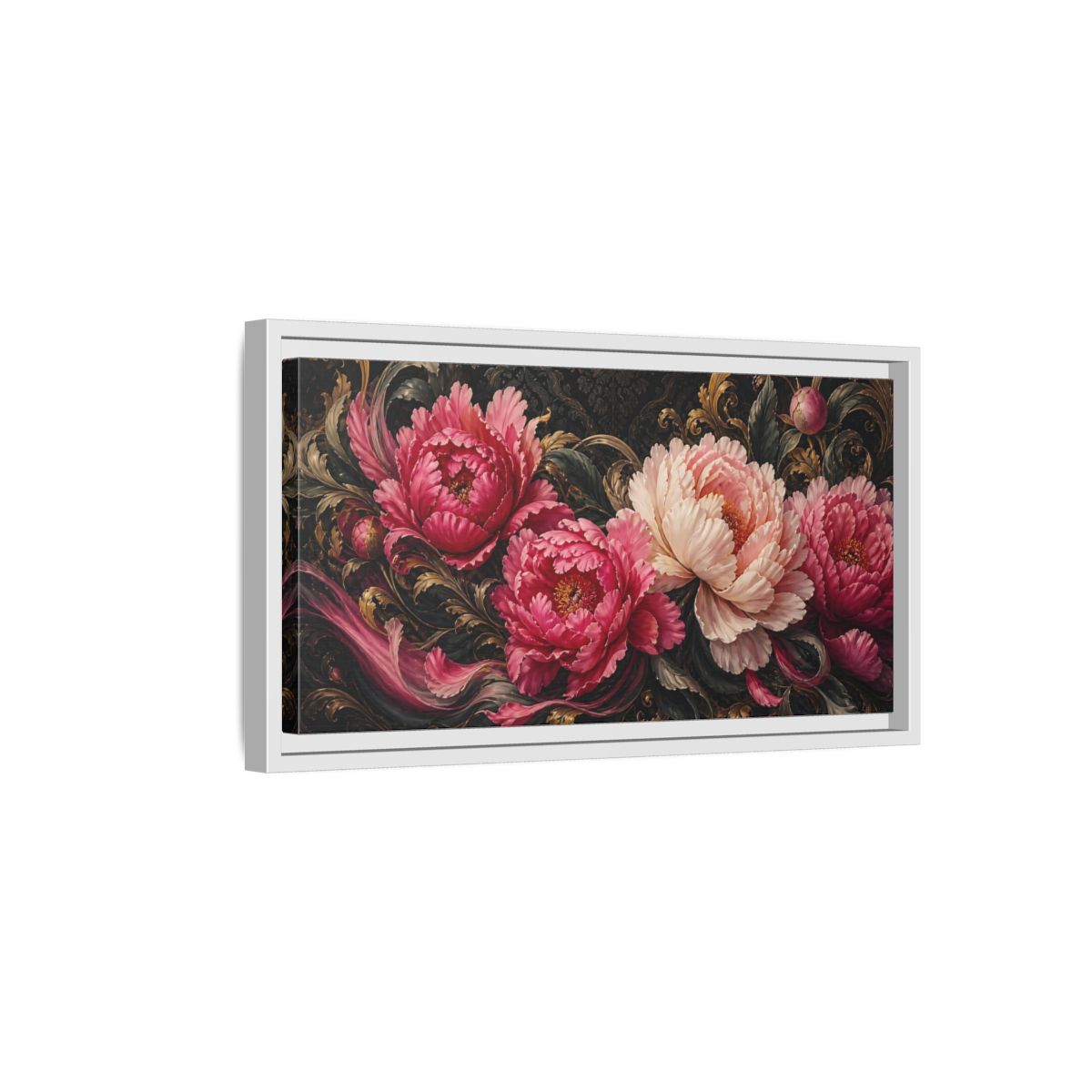 Side Mockup 6. Baroque Peony Bouquet shown as framed canvas print