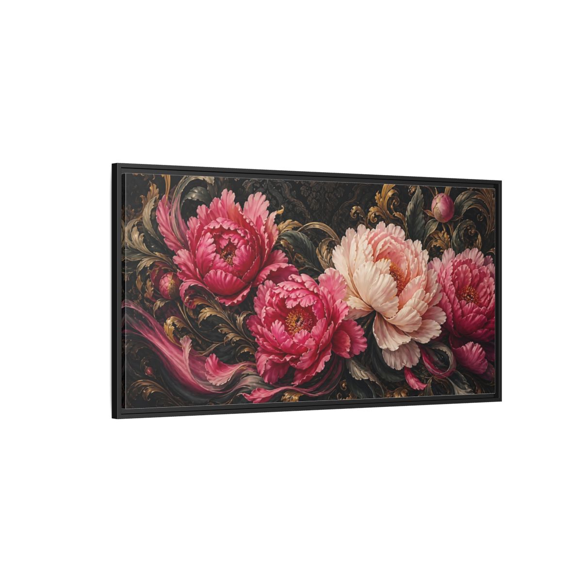 Side Mockup 5. Baroque Peony Bouquet shown as framed canvas print