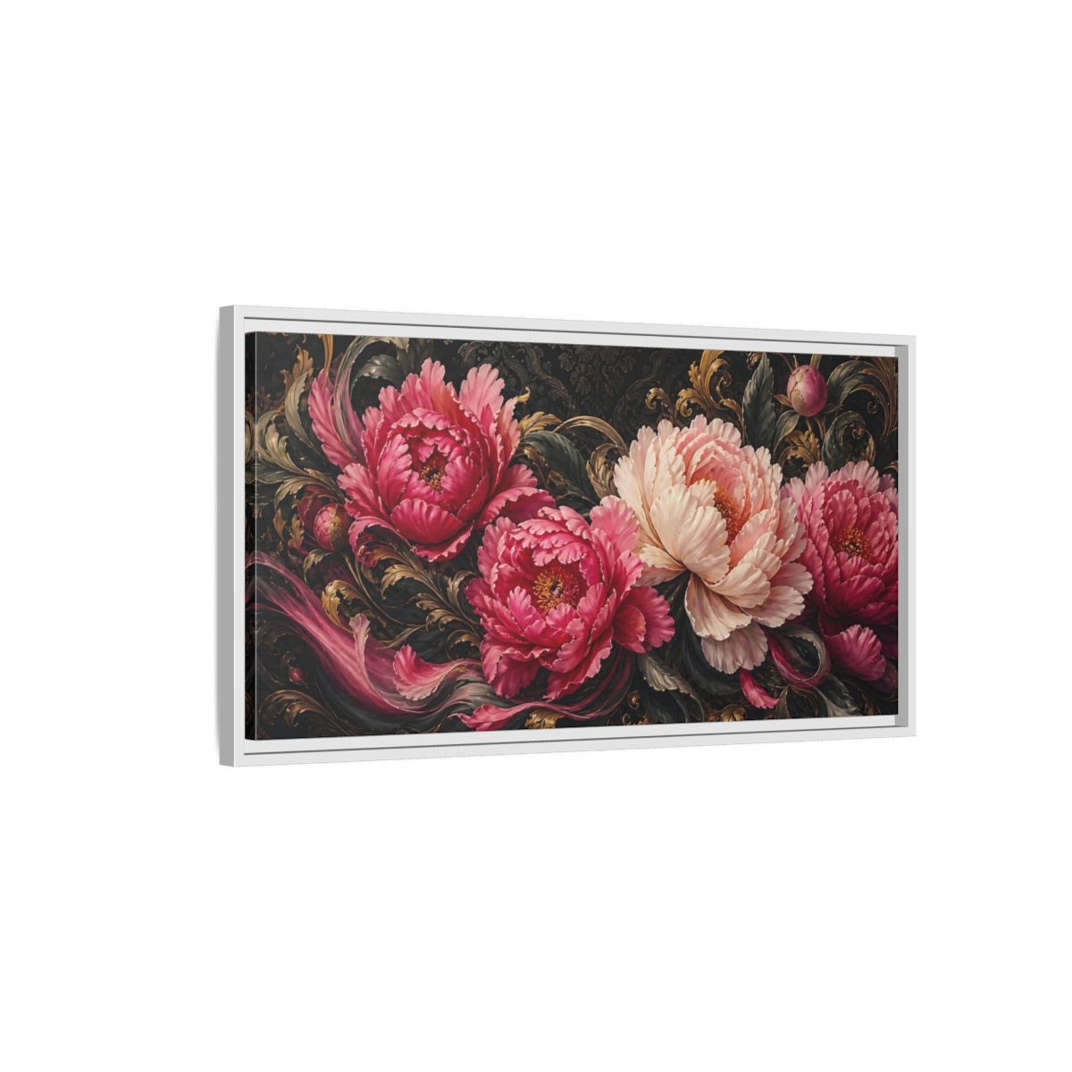 Side Mockup 1. Baroque Peony Bouquet shown as framed canvas print