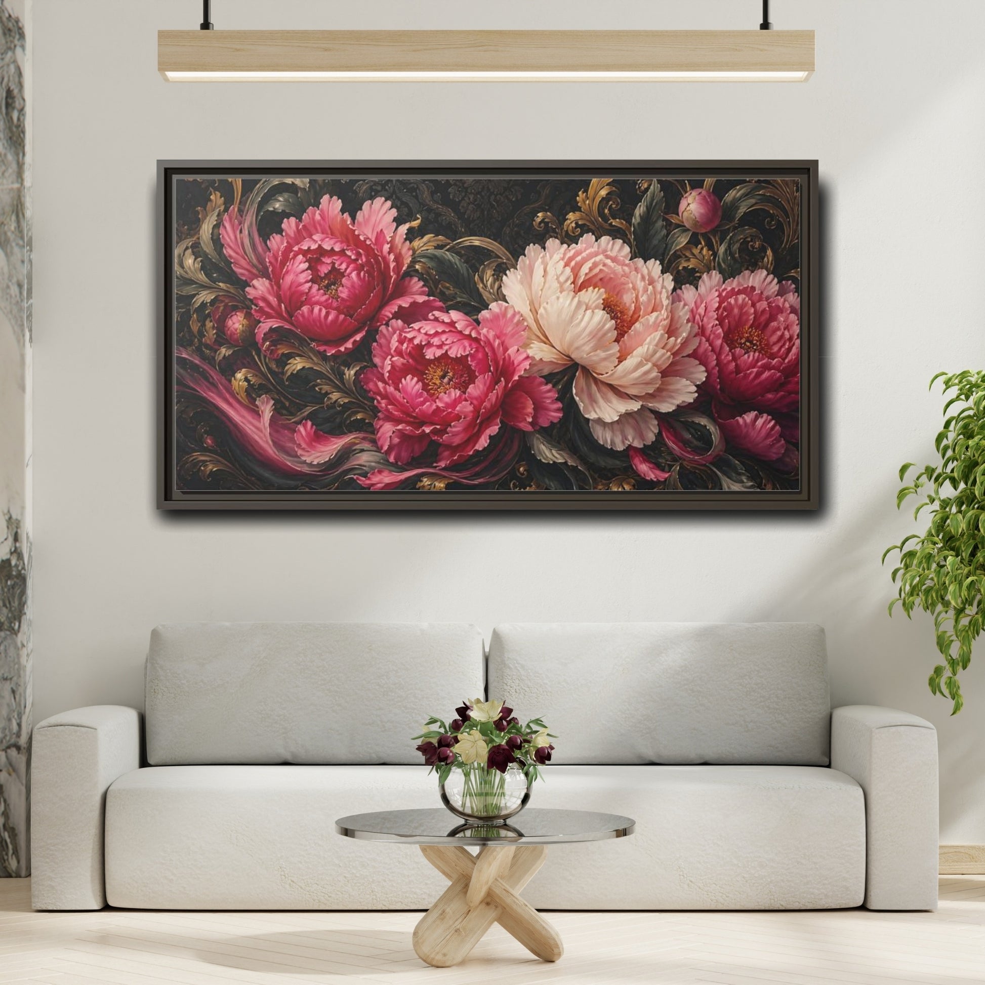 Mockup 2. Baroque Peony Bouquet shown as framed canvas print