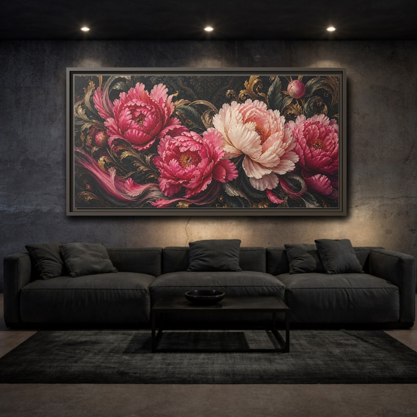 Mockup 3. Baroque Peony Bouquet shown as framed canvas print