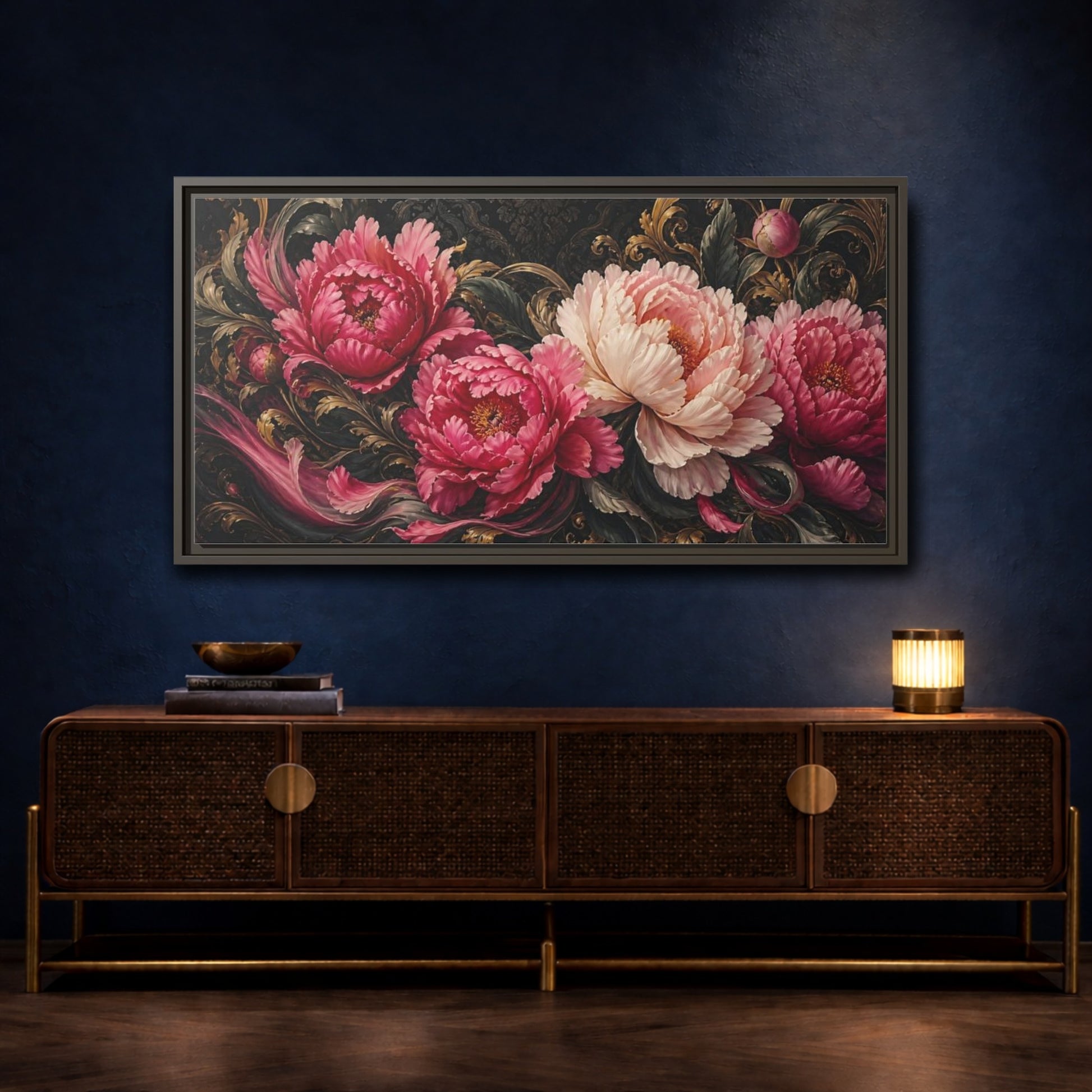 Mockup 4. Baroque Peony Bouquet shown as framed canvas print