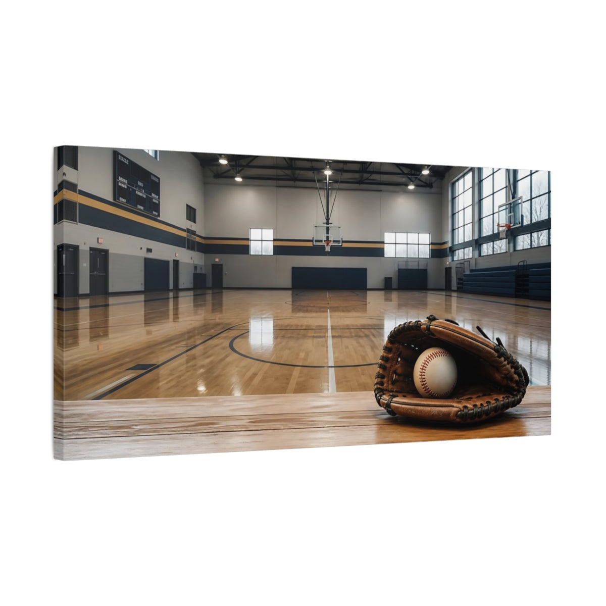 Side Mockup 1. Baseball Glove In Gym shown as canvas print