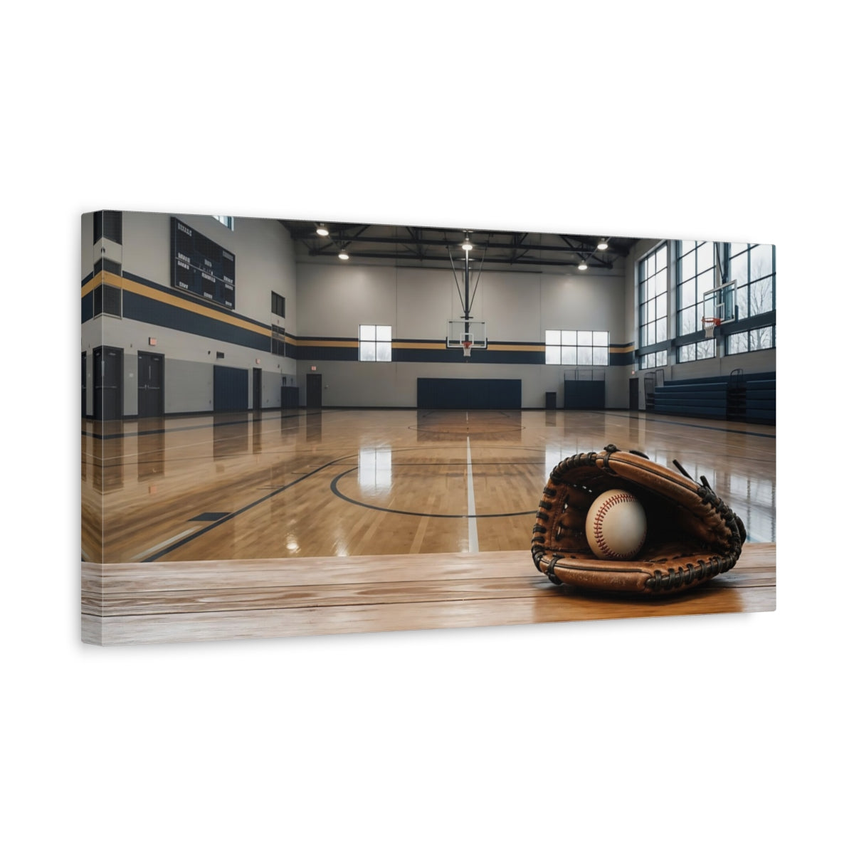 Side Mockup 3. Baseball Glove In Gym shown as canvas print