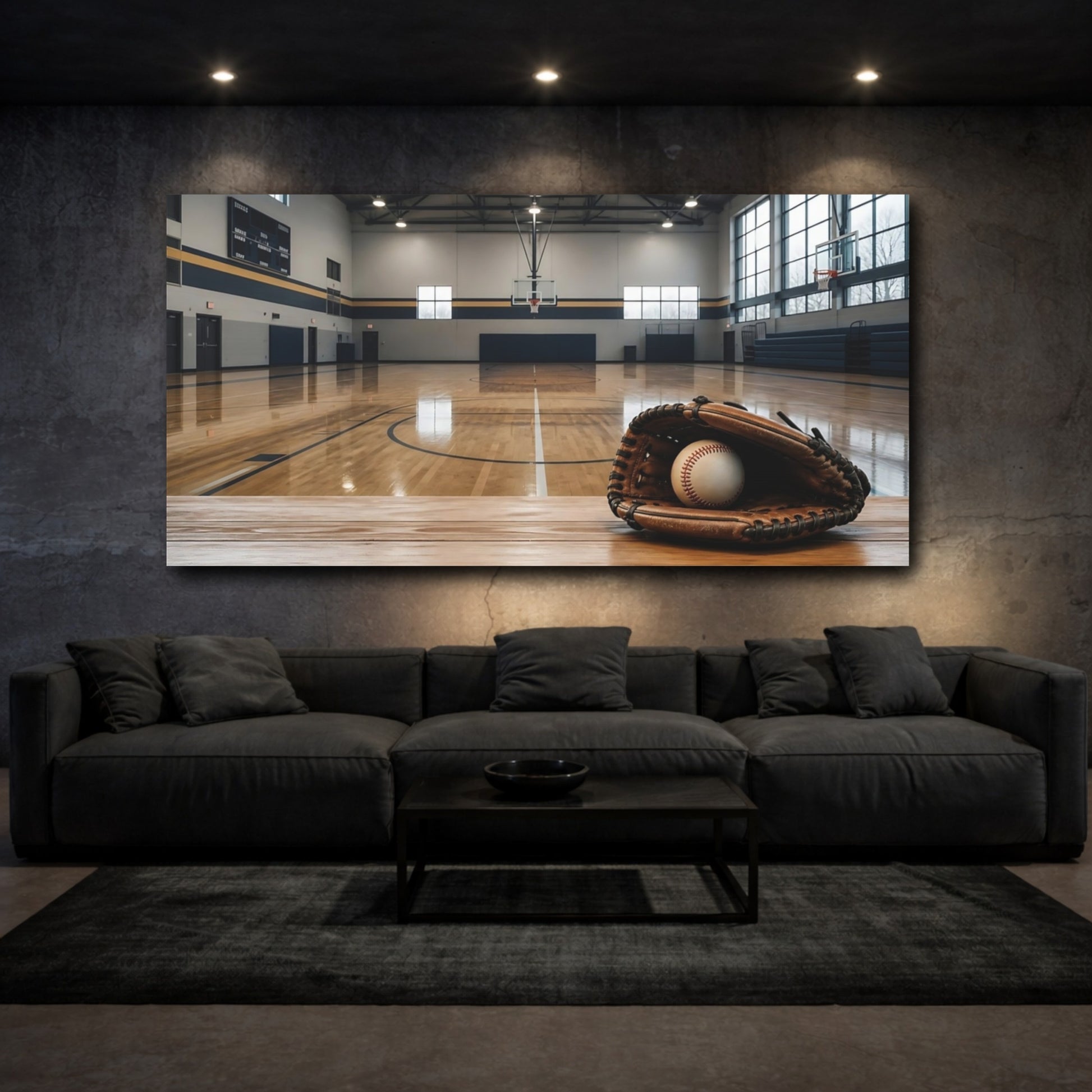 Mockup 3. Baseball Glove In Gym shown as canvas print