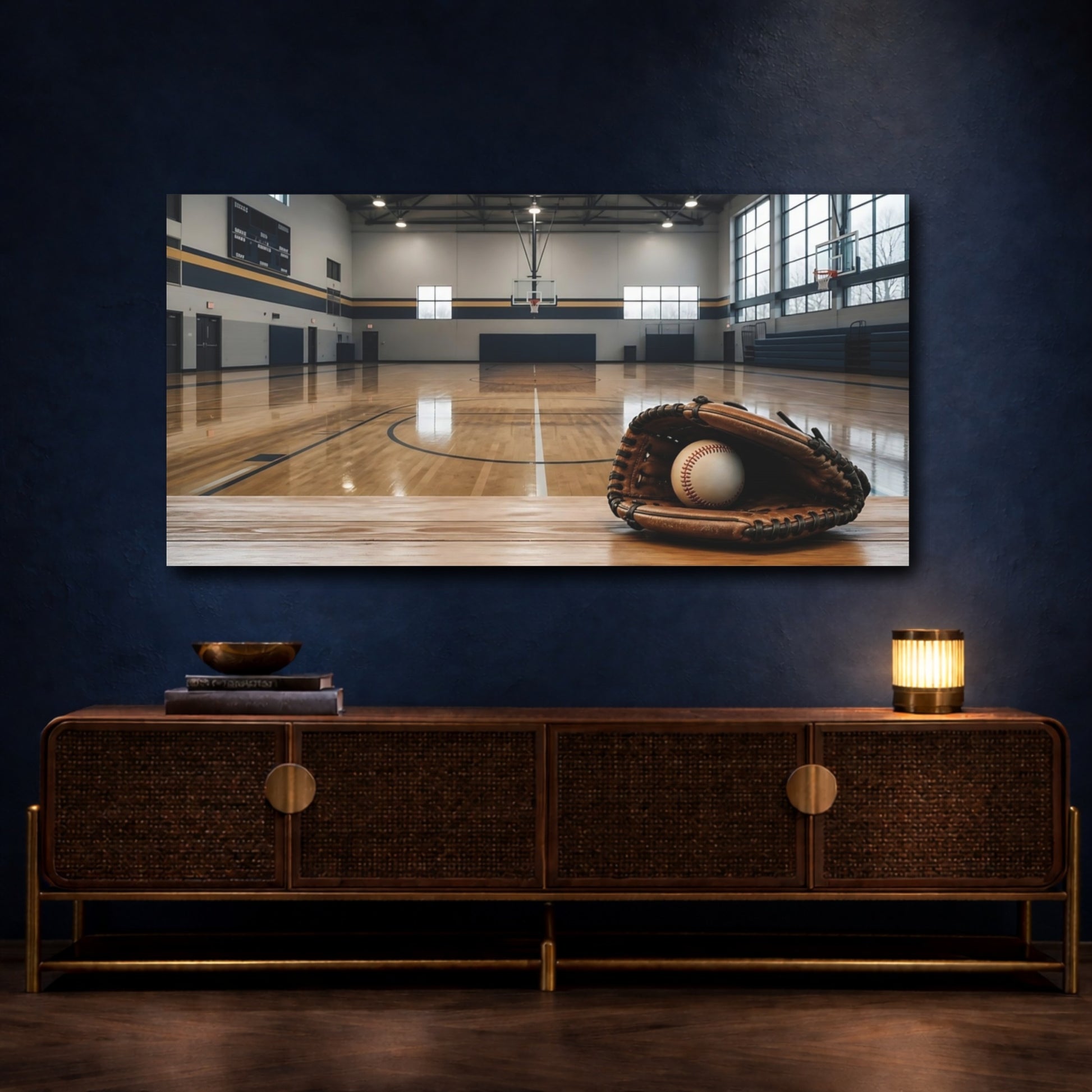 Mockup 4. Baseball Glove In Gym shown as canvas print