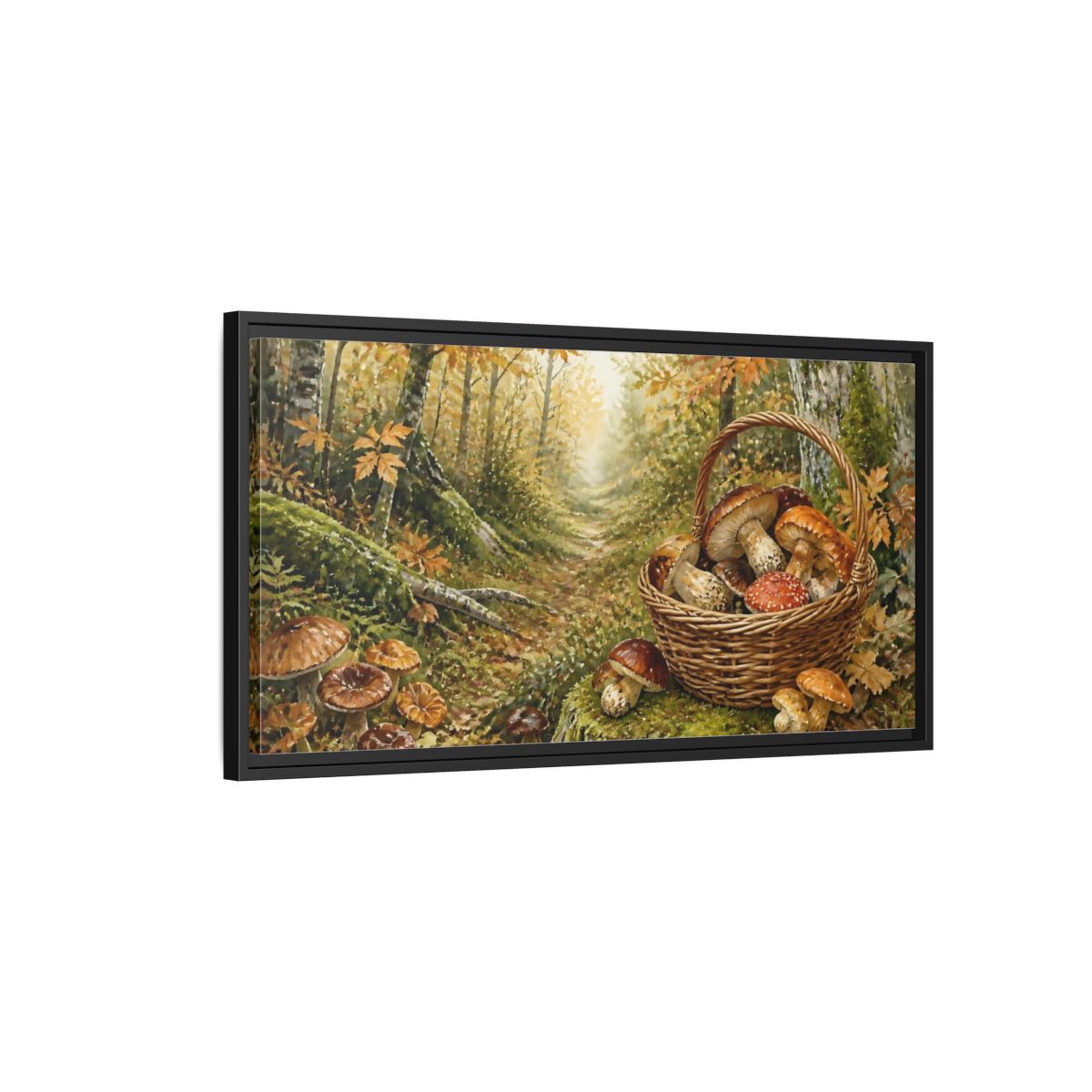 Side Mockup 2. Basket Of Wild Mushrooms shown as framed canvas print