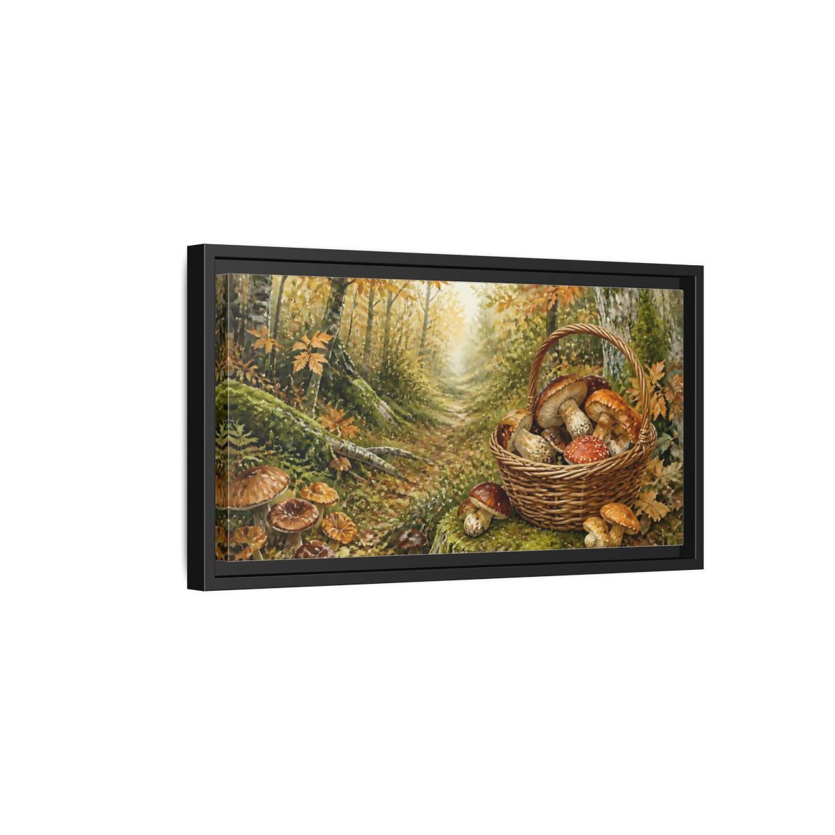 Side Mockup 8. Basket Of Wild Mushrooms shown as framed canvas print