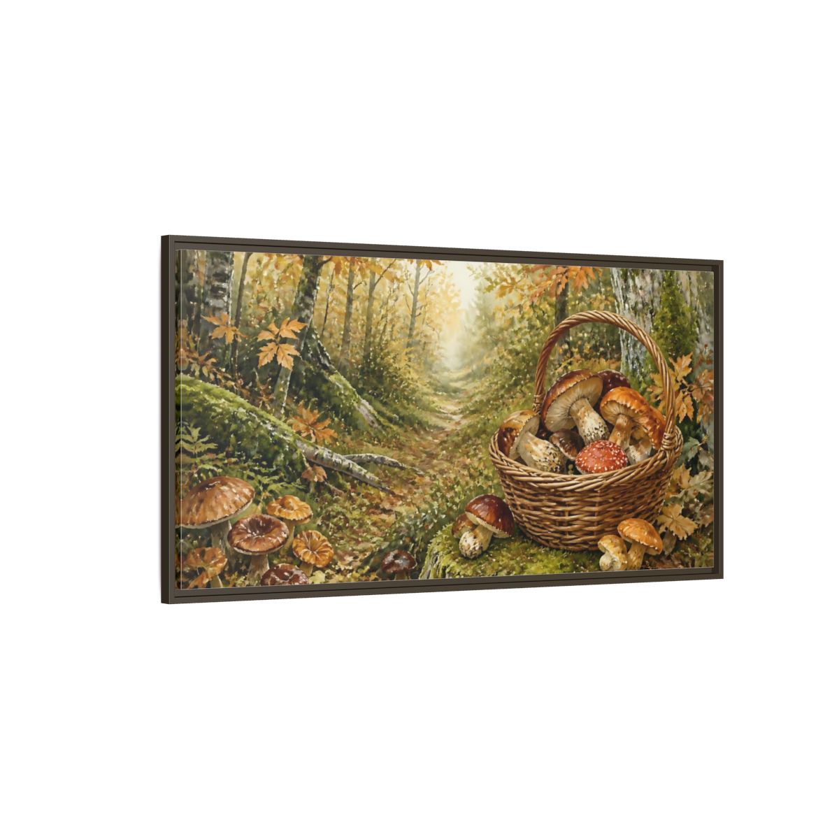 Side Mockup 4. Basket Of Wild Mushrooms shown as framed canvas print
