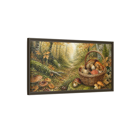 Main Mockup. Basket Of Wild Mushrooms shown as framed canvas print