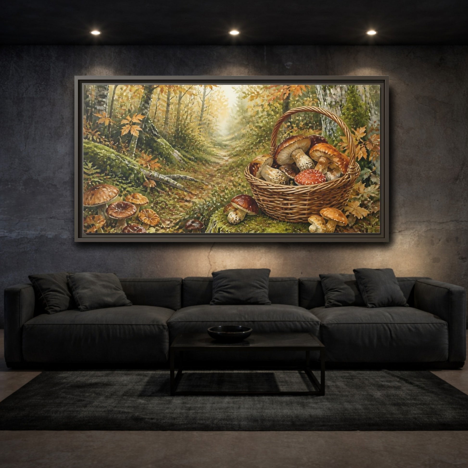 Mockup 3. Basket Of Wild Mushrooms shown as framed canvas print