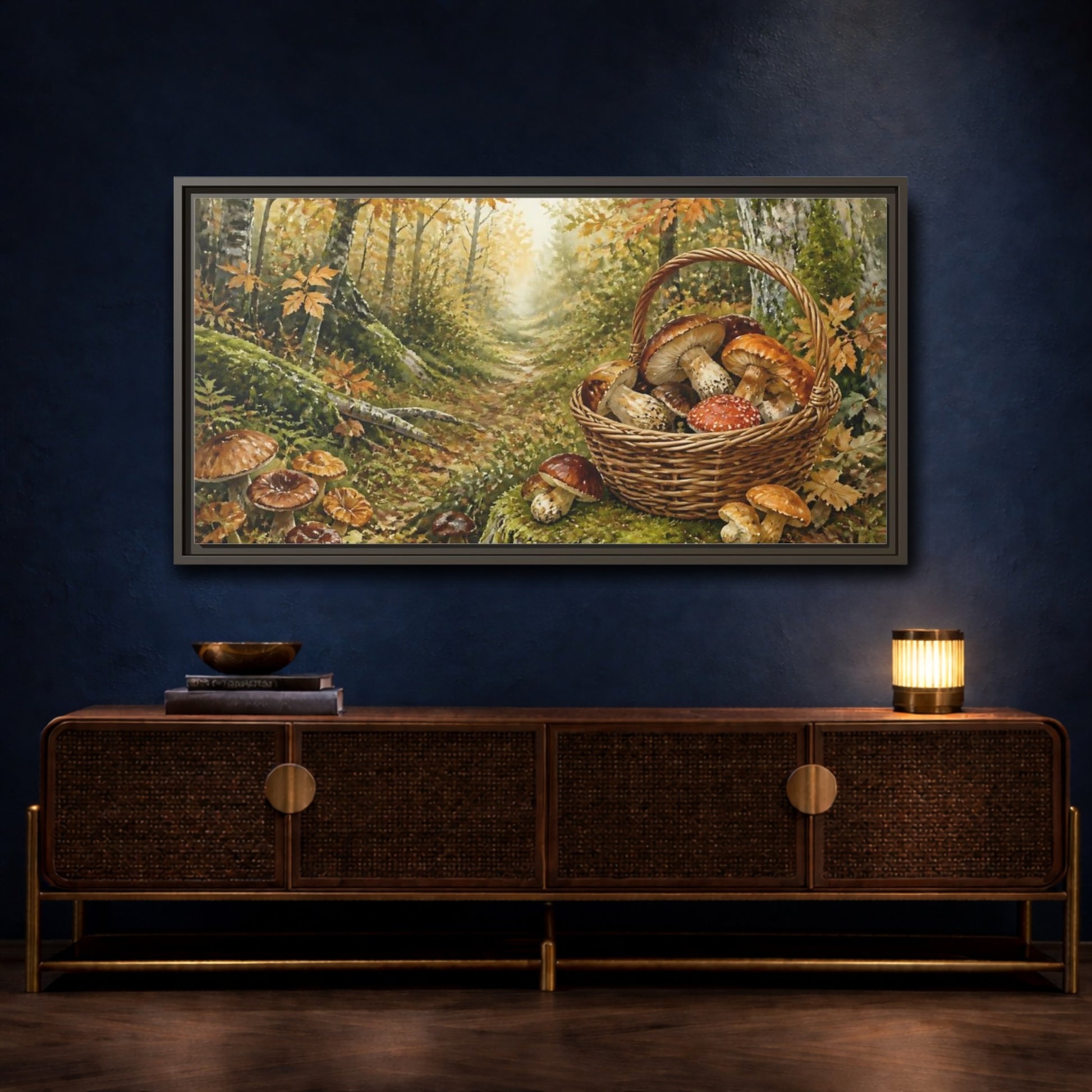 Mockup 4. Basket Of Wild Mushrooms shown as framed canvas print