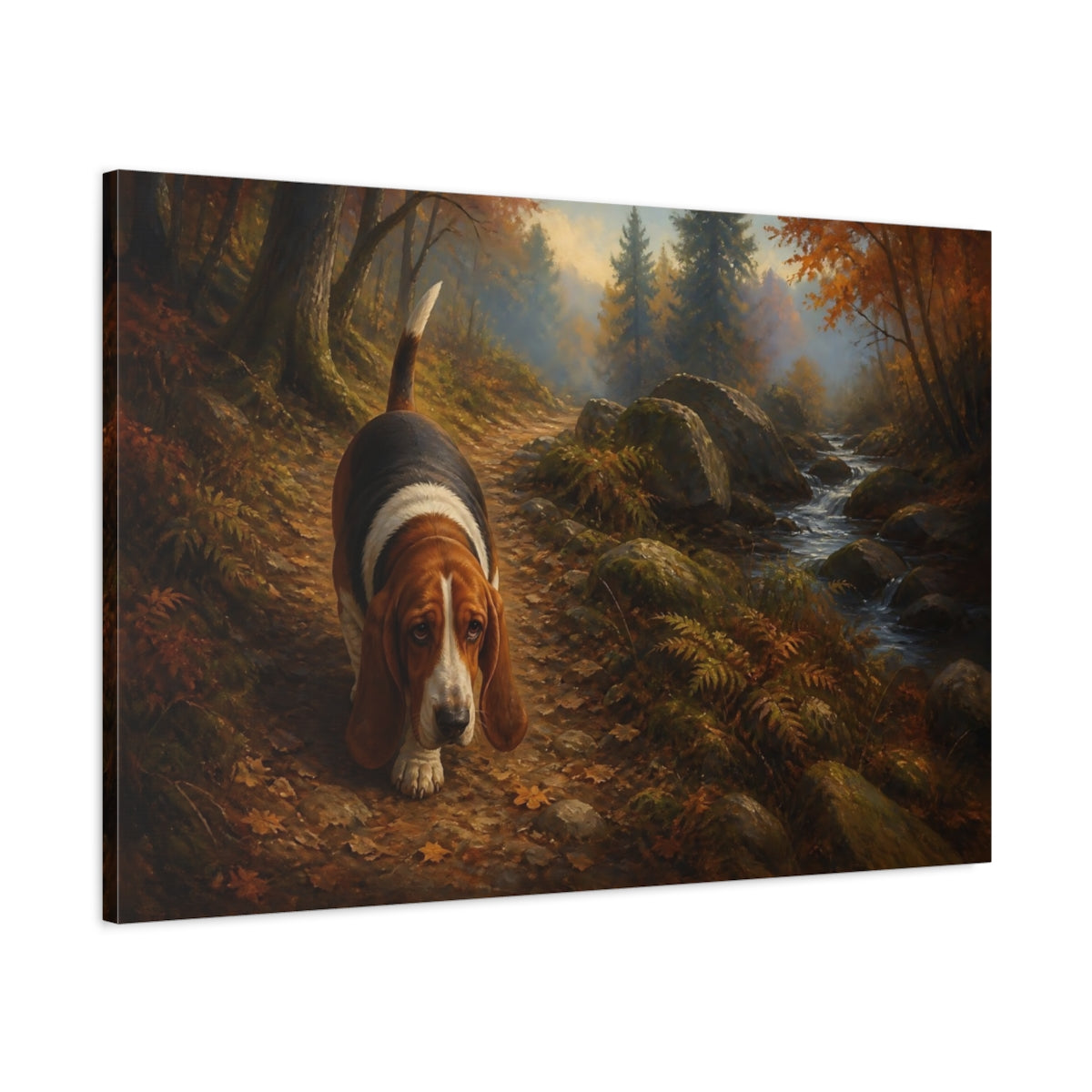Main Mockup. Basset Hound On Woodland Path shown as canvas print